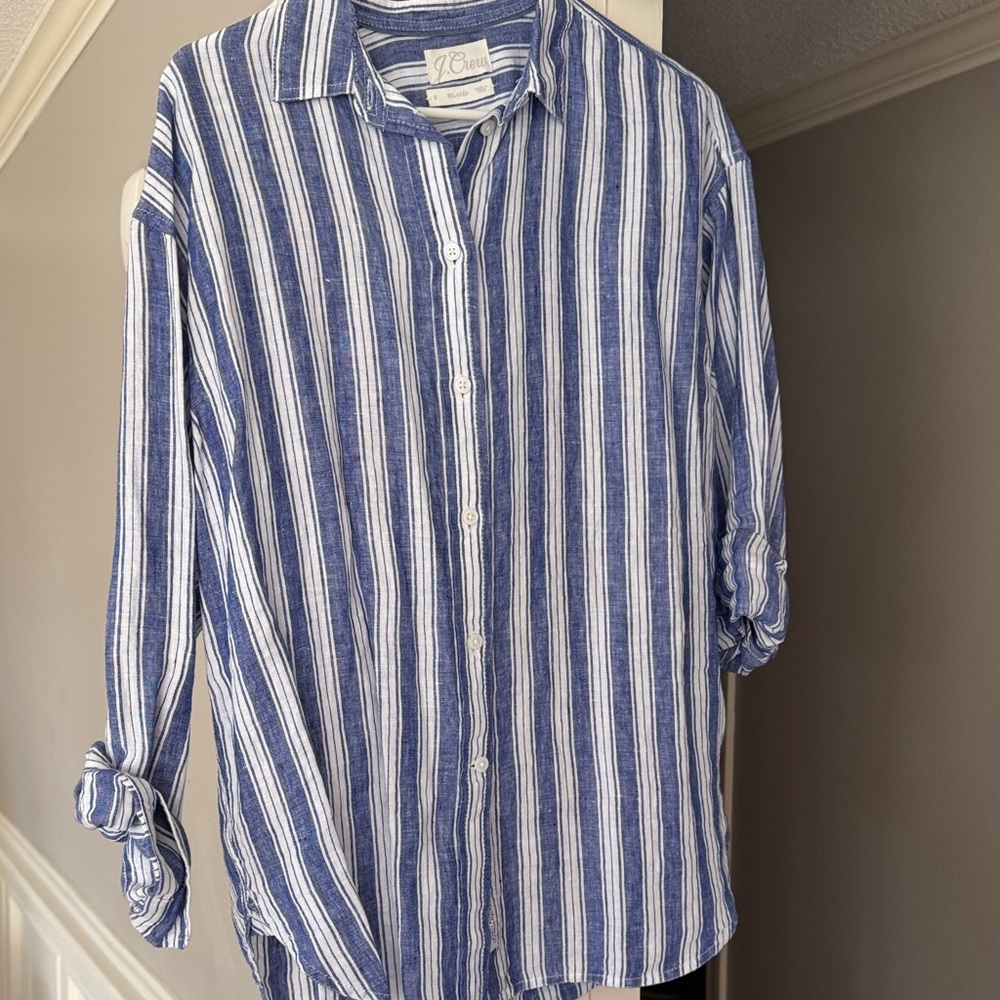 J. Crew Baird McNutt Irish Linen Navy and White Striped Button-Down Shirt